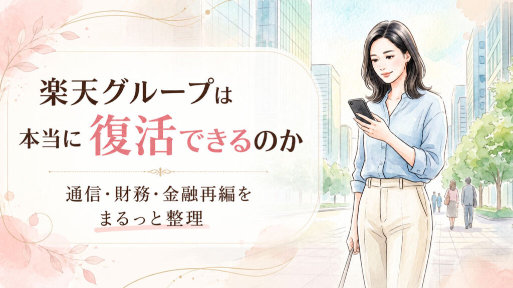 ビジネス街のオフィスビルを背景にスマートフォンを確認する知的な女性のイラスト