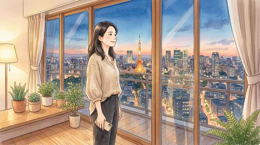 都市の夜景を背景に落ち着いた表情でスマートフォンを確認する女性、将来を見通す様子