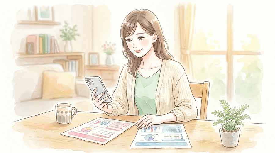 スマートフォンと料金表を前に穏やかに考える女性、自分に合ったキャリアを選んでいる様子