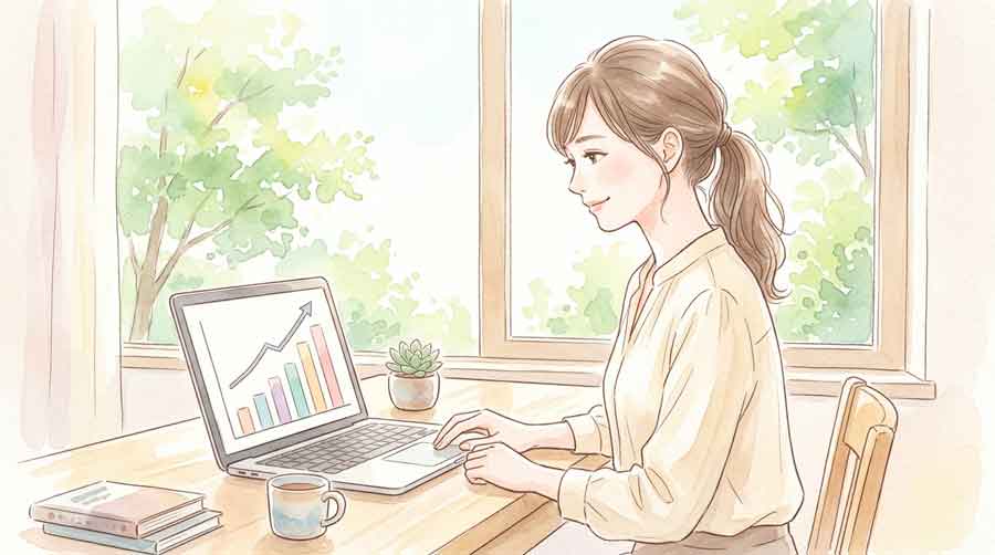 上昇するグラフと電卓を前にした知的な女性、財務分析をしている様子