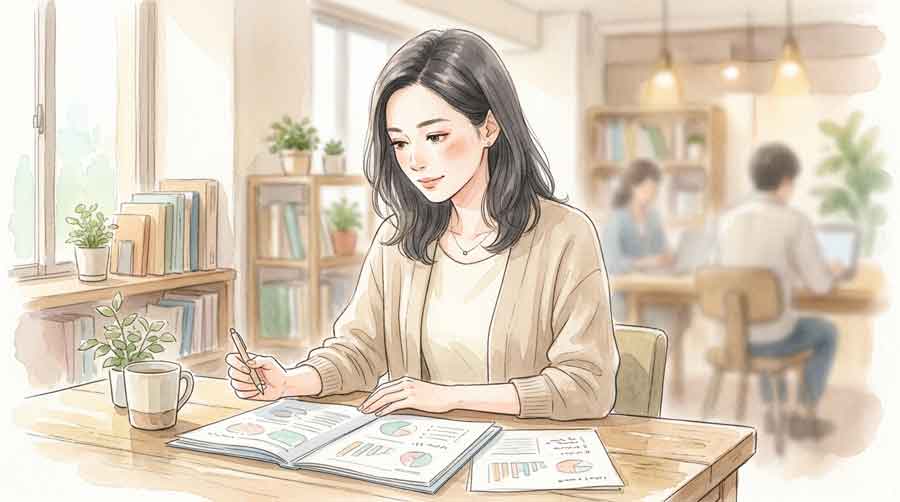 ビジネス会議室で資料を前に考え込む落ち着いた女性、交渉の背景を整理している場面