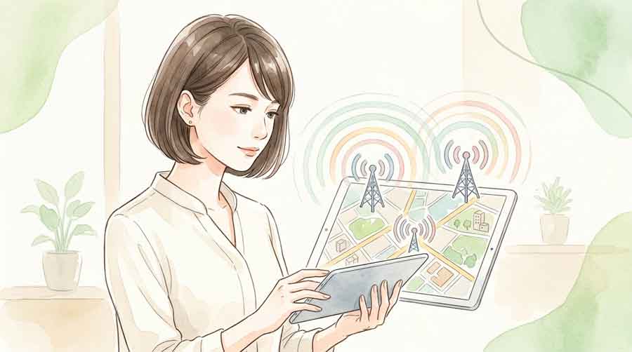 基地局と電波の広がりを示す地図のイラスト、通信インフラの整備を表す場面