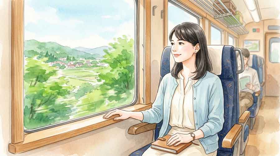 電車の窓から外を見つめる前向きな表情の知的な女性