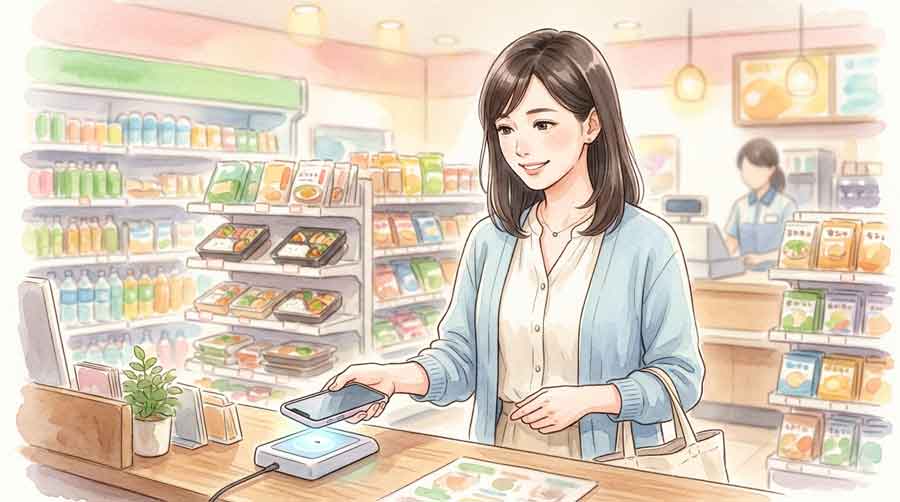地下街のコンビニでスマートフォン決済をする落ち着いた表情の知的な女性