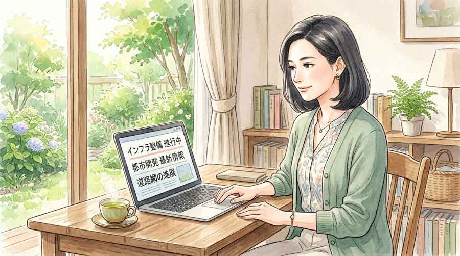 自宅でノートパソコンを見ながらニュースを確認する落ち着いた知的な女性