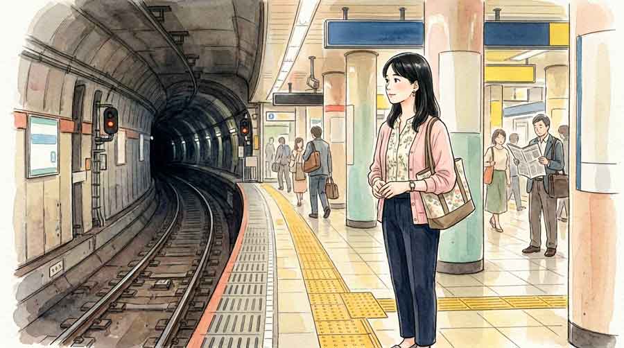  地下鉄のプラットフォーム端でトンネルの先を見つめる知的な女性