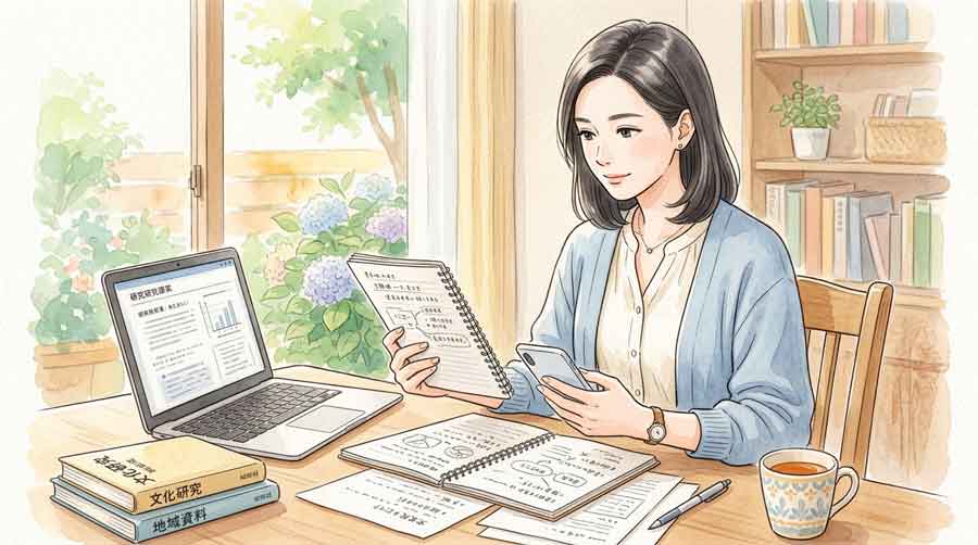デスクで資料とスマートフォンを見比べながら考える落ち着いた女性