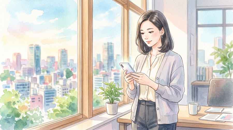 オフィスの窓際でスマートフォンを見つめながら考え込む知的な女性