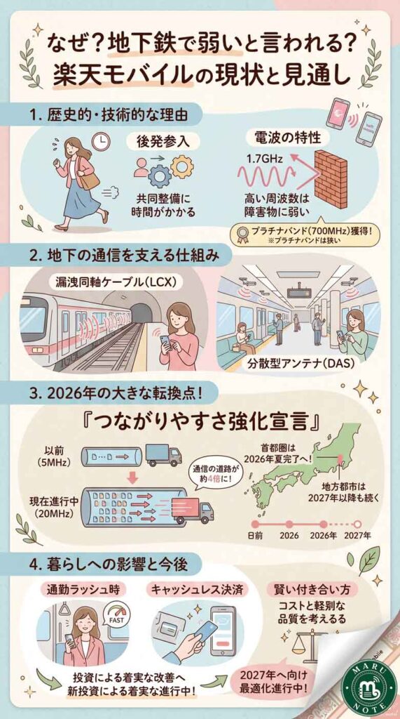 楽天モバイルはなぜ地下鉄で弱いと言われる？2026年の技術背景と今後の見通しインフォグラフ