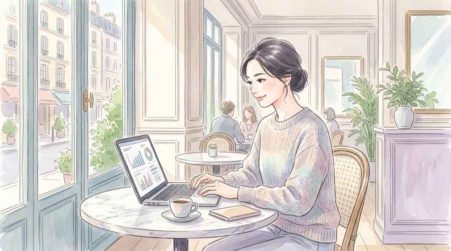 カフェのテーブルでノートパソコン画面のグラフを見て納得した表情を見せる落ち着いた女性