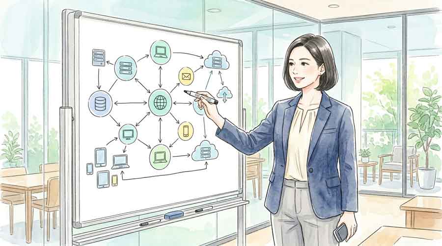 ホワイトボードにネットワーク図を書きながら解説する知的な女性、明るい会議室にて
