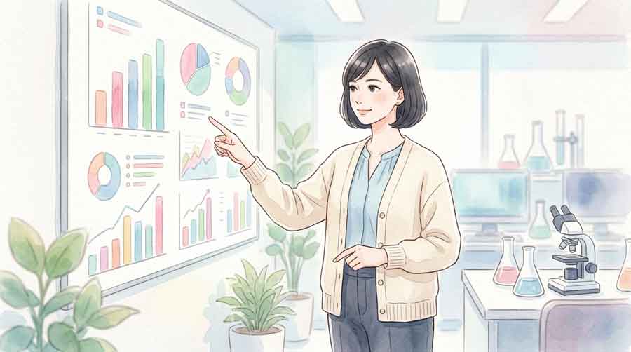 スケールの大きな比較チャートを指差しながら考察する落ち着いた30代の女性
