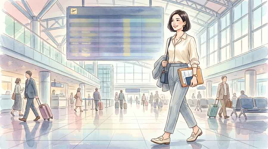 東京の都心部を背景に資料を手にしながら歩く知性的な30代の日本人女性