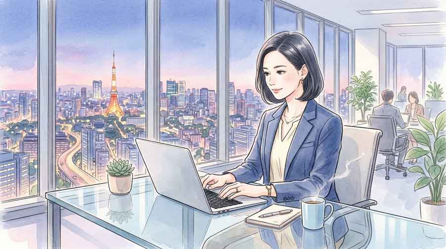ノートパソコンの画面をじっくり眺める落ち着いた表情の30代日本人女性、都市のオフィスにて