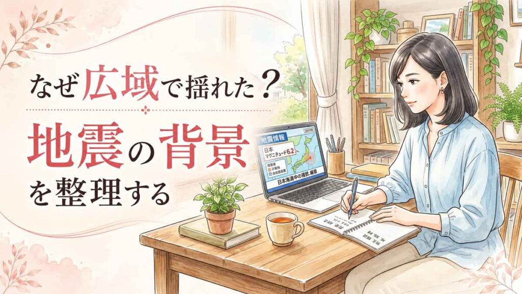 地震のニュースを見ながら落ち着いた表情でメモを取る知的な女性