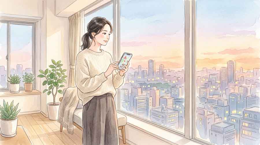 高層マンションの窓から外を見ながら地震情報を冷静に確認している女性