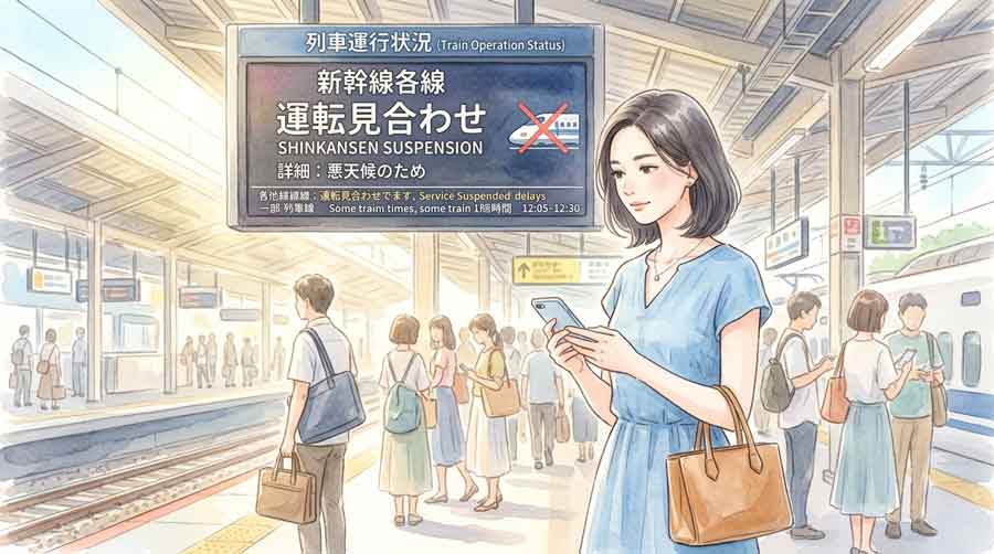 新幹線の運行状況を駅の電光掲示板で確認している女性