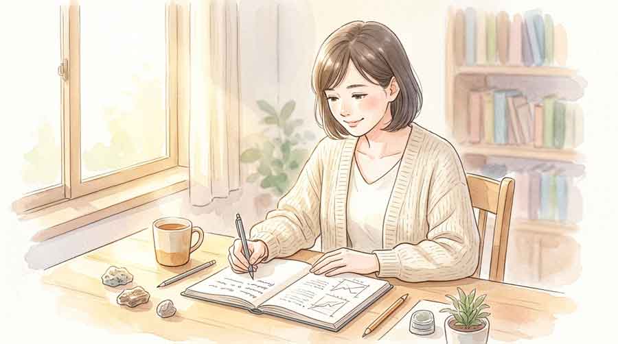 ノートに震度とマグニチュードの違いをメモしながら学んでいる知的な女性
