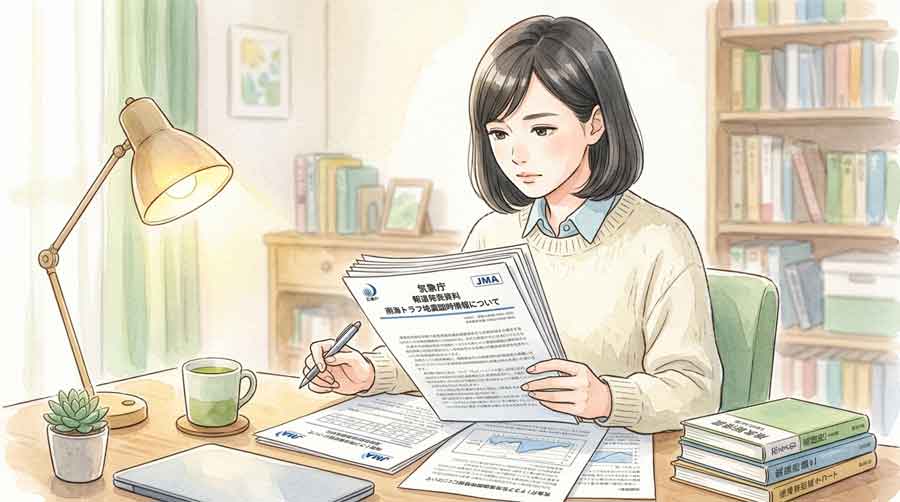 気象庁の発表資料を確認しながら真剣に情報を読み込んでいる女性