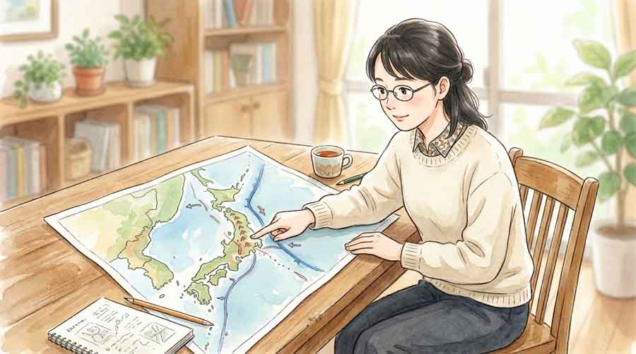 日本の海溝地図を見ながら地震のメカニズムを考える知的な30代女性