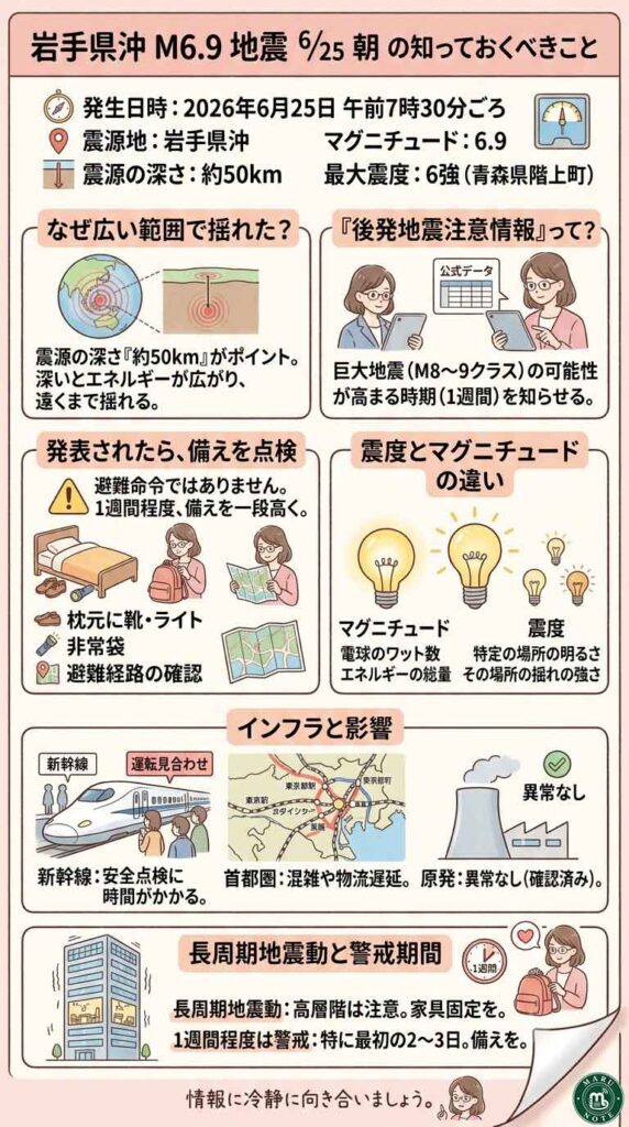 なぜ広域で揺れた?岩手県沖M6.9地震の背景と北海道・三陸沖後発地震注意情報のしくみインフォグラフ