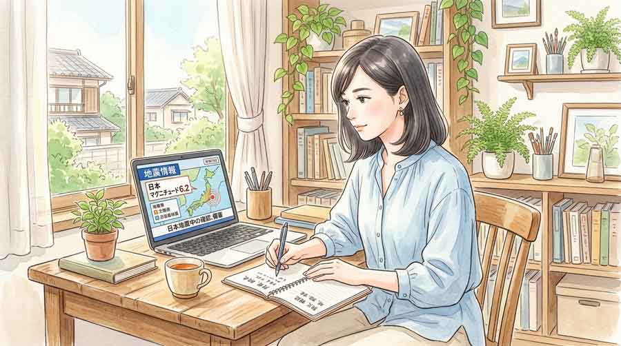 地震のニュースを見ながら落ち着いた表情でメモを取る知的な女性