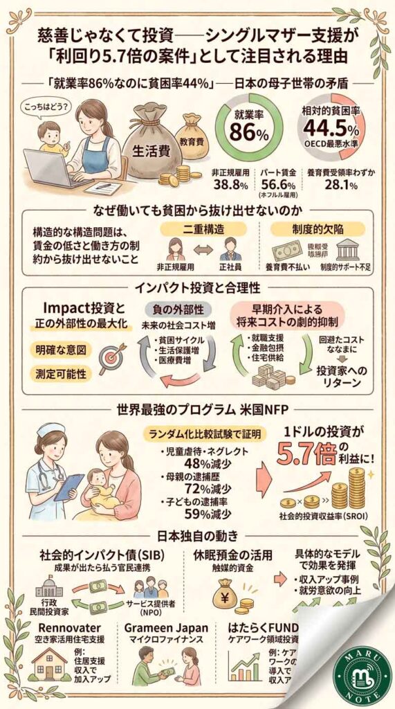 慈善じゃなくて投資──シングルマザー支援が「利回り5.7倍の案件」として注目される理由を整理したインフォグラフ