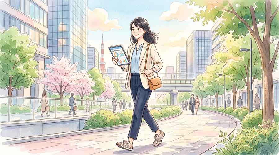 東京の街並みを背景にスマートフォンを見ながら考える女性のイラスト