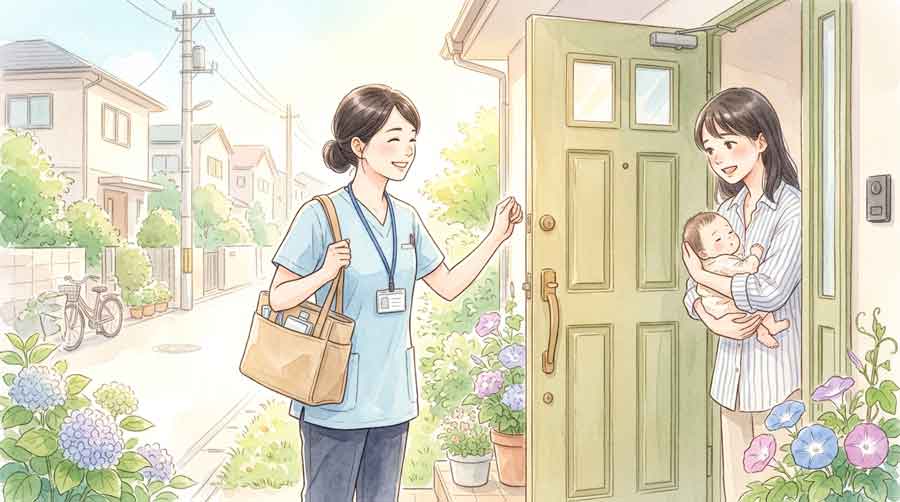 看護師が家庭訪問して母親と赤ちゃんに話しかけるイラスト
