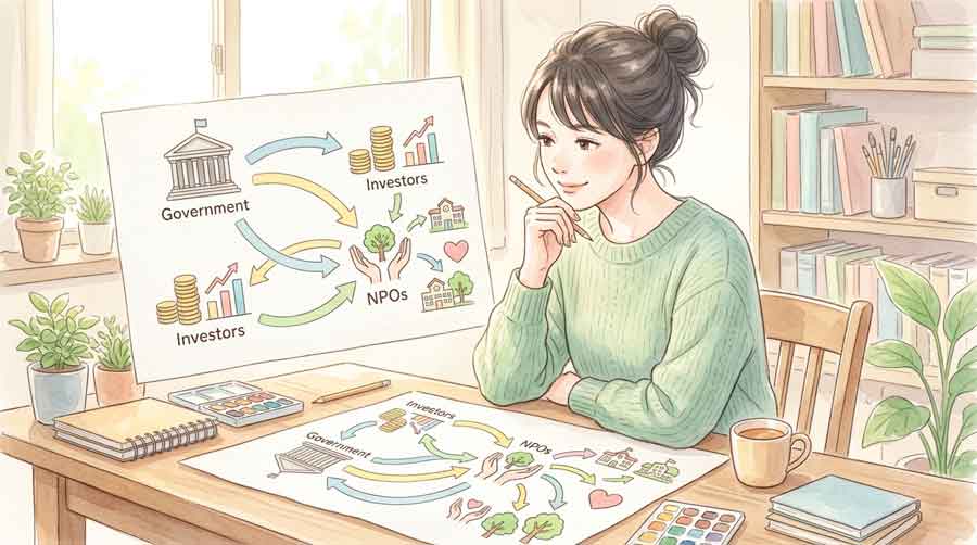 行政・民間・NPOの三者をつなぐ資金フローの図のイラスト