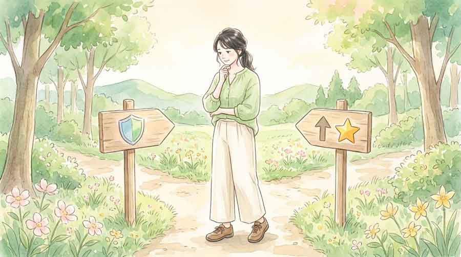 2つの方向を指す矢印看板を見比べる女性のイラスト
