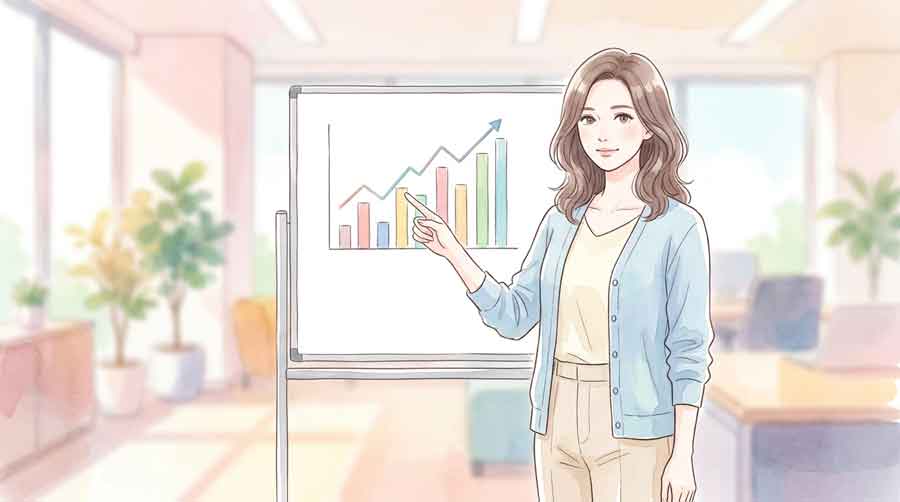 棒グラフや矢印を前にして立つスーツ姿の女性のイラスト