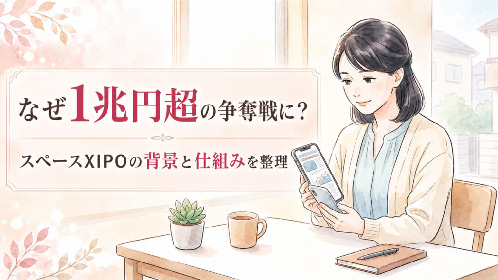 スマートフォンで経済ニュースを確認する知的な日本人女性のイラスト