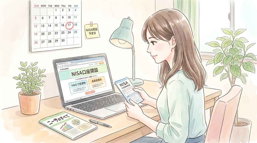 パソコンで今後の経済ニュースをチェックする女性のイラスト