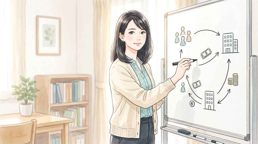 ノートにIPOの仕組みを図解しながら説明する女性のイラスト