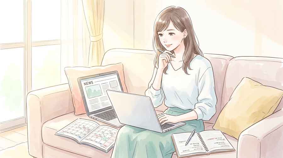 カレンダーとニュース記事を見ながら時系列を整理する女性のイラスト