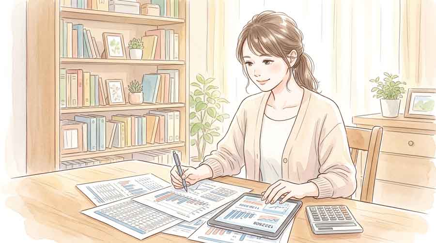資料を見ながらニュースの数字を確認する女性のイラスト