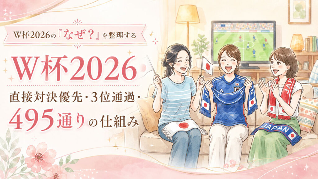 書斎のデスクでワールドカップ2026の資料を前に落ち着いた表情で考える日本人女性
