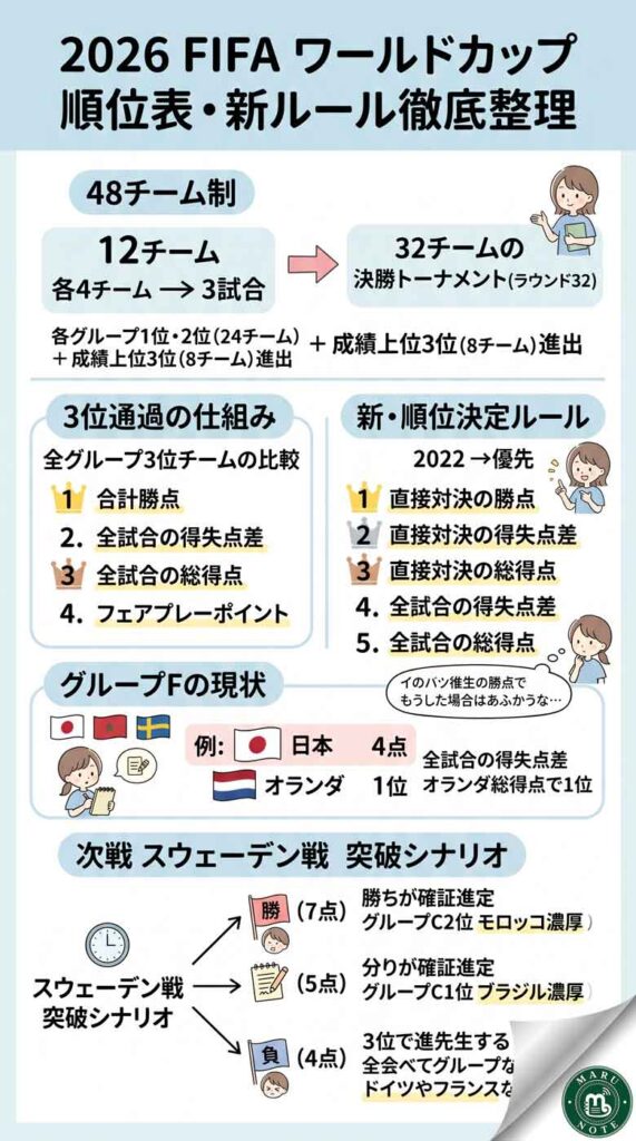 FIFAワールドカップ2026 順位表と新ルール徹底整理|3位通過の仕組み・直接対決優先ルールを暮らし目線で解説インフォグラフ