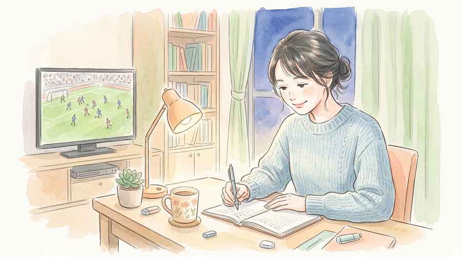 スポーツニュースを見ながらノートにシナリオをまとめる穏やかな表情の女性