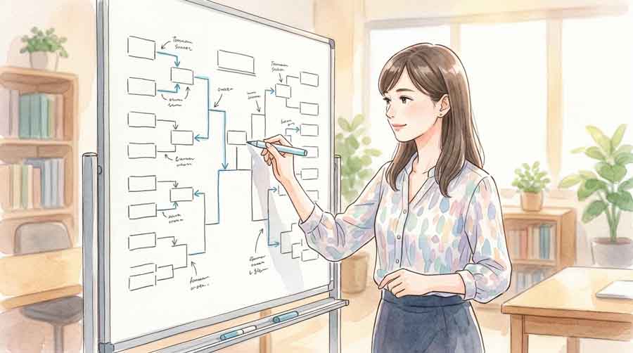ホワイトボードにトーナメント表を書きながら状況を整理する30代の知的な女性