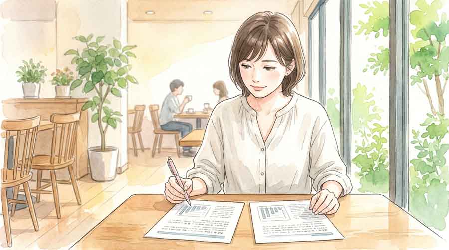 図書館のテーブルで2022年と2026年の大会ルール比較資料を読む落ち着いた女性