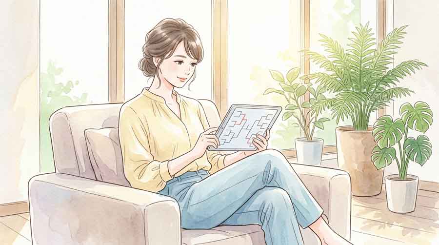 明るいリビングで足を組みタブレットでW杯の新フォーマット図を確認する30代女性