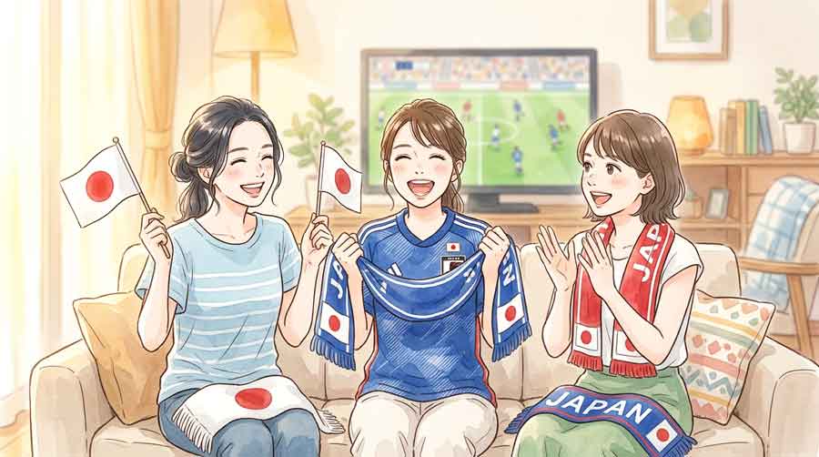 書斎のデスクでワールドカップ2026の資料を前に落ち着いた表情で考える日本人女性