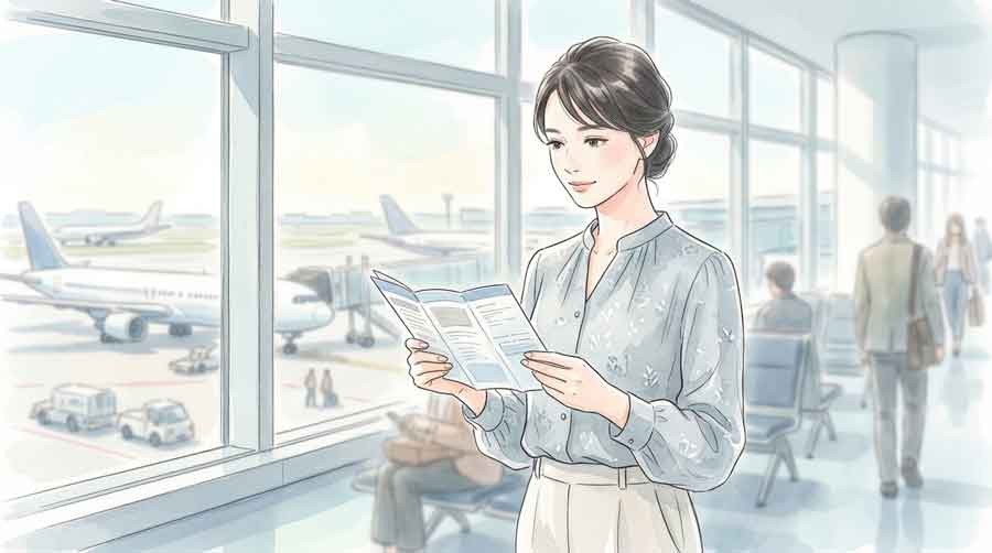 オフィス街の窓から飛行機を見上げて考える女性