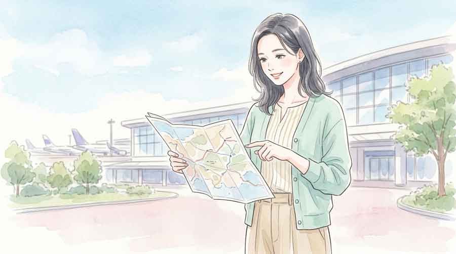 天秤のモチーフを見つめて首をかしげる女性