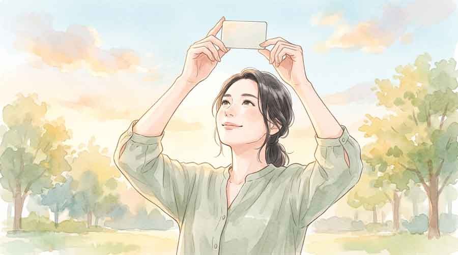 カードを両手で掲げて空を見上げる女性