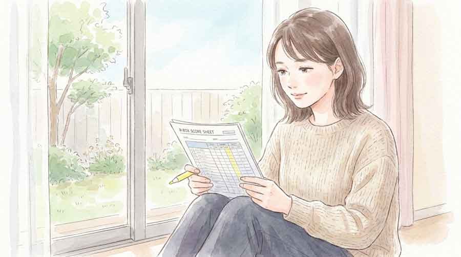 前半戦最終戦のボックススコアを確認する女性