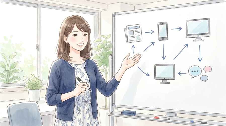 見出しの構造をホワイトボードで解説する女性