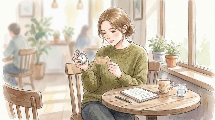 時計と映画のチケットを並べて上映時間を確認する落ち着いた構図